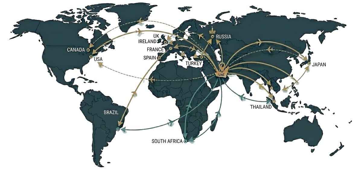 World map showing pet relocation routes to and from the UAE